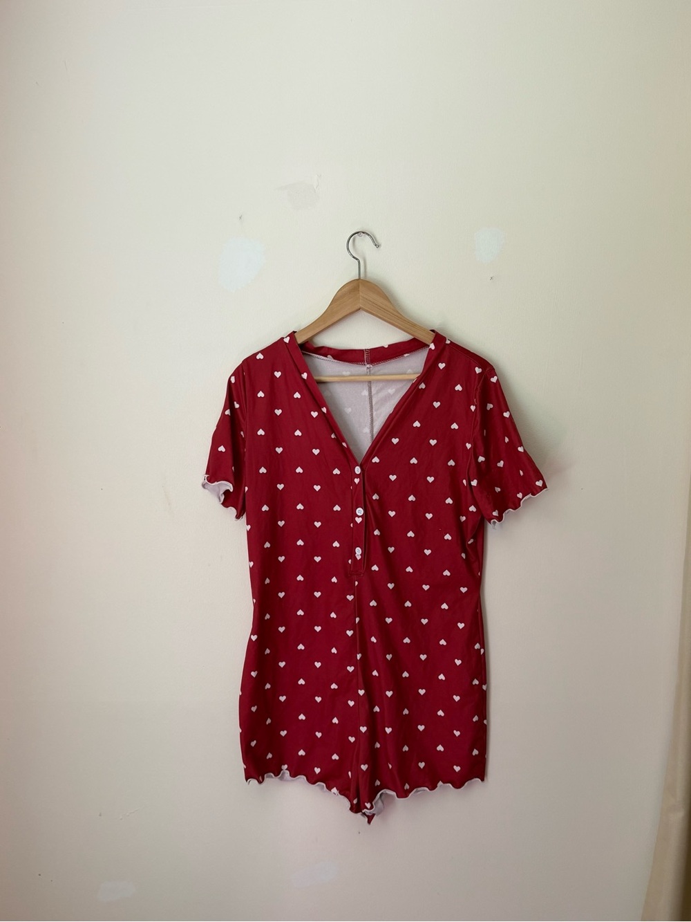 SHEIN Red Heart-Print Short Sleeve Romper Pajama